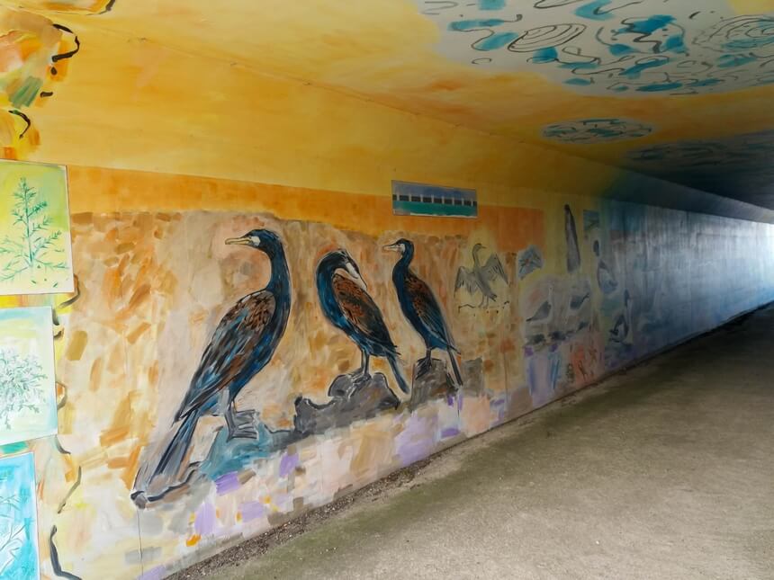 De tunnel is beschilderd met vogels